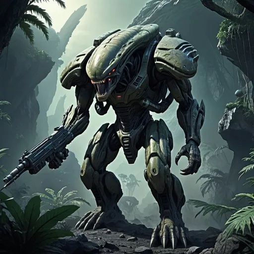 Prompt: Rock monster mercenary, alien jungle planet, heavy laser gun, intense and rugged, highres, detailed, sci-fi, alien landscape, monstrous features, imposing figure, rugged texture, futuristic weapon, jungle foliage, eerie atmosphere, intense lighting, alien planet setting, professional, futuristic design, heavy-duty machinery, dynamic composition