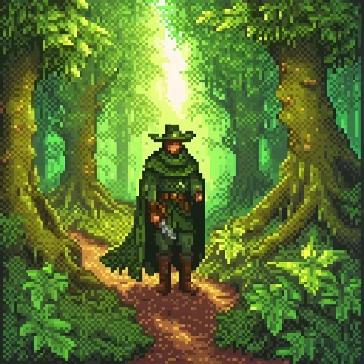 Prompt: Ranger in a green cloak in a mystical forest, realistic oil painting, vibrant and rich colors, sunlight filtering through lush foliage, detailed natural elements, high quality, realistic, forest setting, detailed cloak, mystical atmosphere, professional lighting