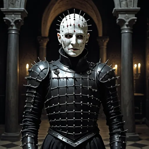 Prompt: Pinhead from Hellraiser in black suit of armour, inside gothic castle, ominous atmosphere, detailed pins, dark and eerie, high quality, realistic, horror, gothic, detailed armor, menacing presence, dramatic lighting