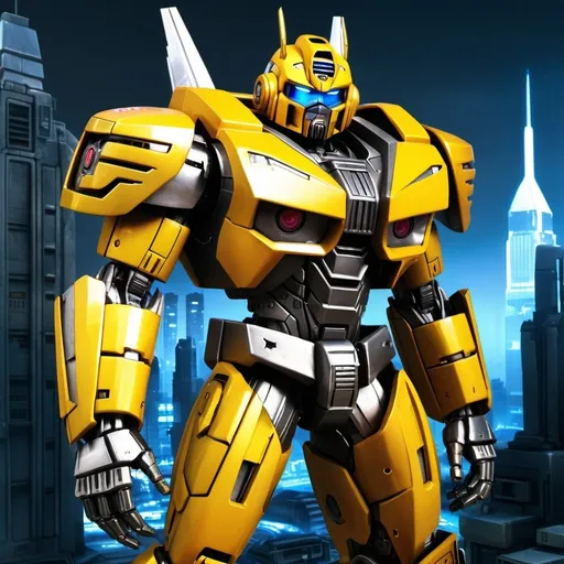 Prompt: G1 Bumblebee as a Cybertron bounty hunter, metallic and industrial aesthetic, Cybertronian cityscape in the background, detailed mechanical features, intense and focused gaze, high-tech weaponry, futuristic urban setting, best quality, highres, ultra-detailed, sci-fi, industrial, metallic, detailed eyes, professional, atmospheric lighting