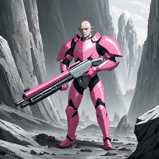Prompt: Giant grey bald head elf wearing pink body armour holding futuristic shotgun in grey rocky setting 