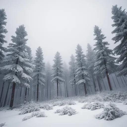 Prompt: Snow covered pine forest 