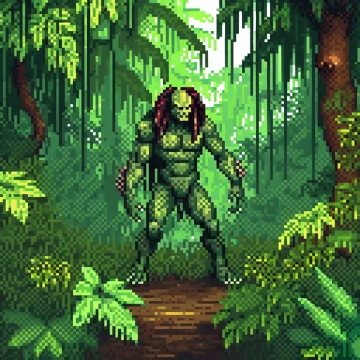 Prompt: (Predator in jungle), (immersive jungle environment), dense foliage, dramatic sunlight filtering through trees, vibrant green hues, shadows creating an intense atmosphere, high-resolution detail, suspenseful and thrilling ambiance, hyper-realistic details, intricate textures of leaves and branches, dynamic composition showcasing tension in stealthy movements, contrasting lighting enhancing the predator's menacing presence.