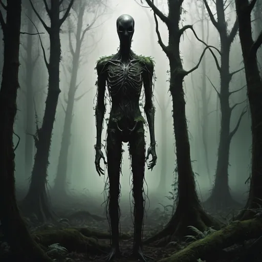 Prompt: (Slenderman), eerie figure in a dark forest, tall and slender silhouette, surrounded by shadowy trees, mist creeping through the underbrush, ominous atmosphere, haunting shadows, (gloomy lighting) casting unsettling shapes, (ultra-detailed), rich textures in bark and foliage, sense of isolation and tension, deep greens and blacks, evocative of fear and suspense.