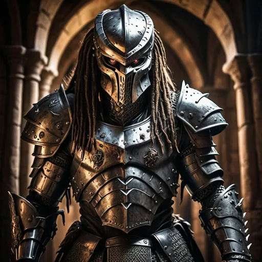 Prompt: Predator in medieval knight armor in a medieval setting, detailed armor with battle scars, intense and fearsome gaze, high-quality, realistic, dark and gritty, medieval, detailed armor, fierce expression, battle-worn, atmospheric lighting
