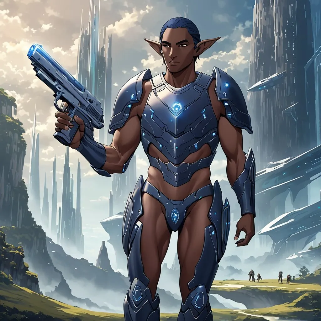 Prompt: Giant with brown skin with elf ears dark blue hair dark brown body armour carrying futuristic pistol in ethereal setting 