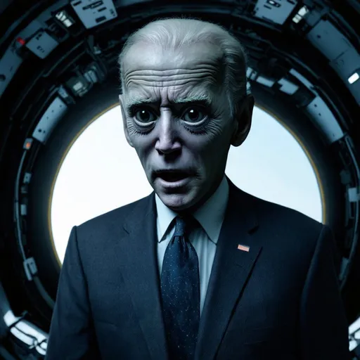 Prompt: Joe Biden startled by grey alien on spacecraft, realistic 3D rendering, eerie atmosphere, dramatic lighting, detailed facial expression, high quality, sci-fi, alien encounter, spaceship interior, frightened, futuristic technology, intense shadows, subdued tones, professional, atmospheric lighting