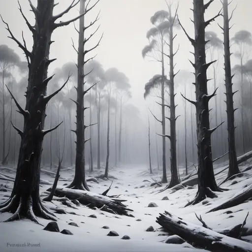 Prompt: Bleak Tasmanian snow forest, desolate landscape, snow-covered trees, chilling mist, eerie atmosphere, high contrast, realistic painting, muted tones, soft natural lighting, haunting ambiance, high detail, snowy landscape, creepy, desolate, realistic, chilling mist, haunting, snowy, bleak, soft lighting