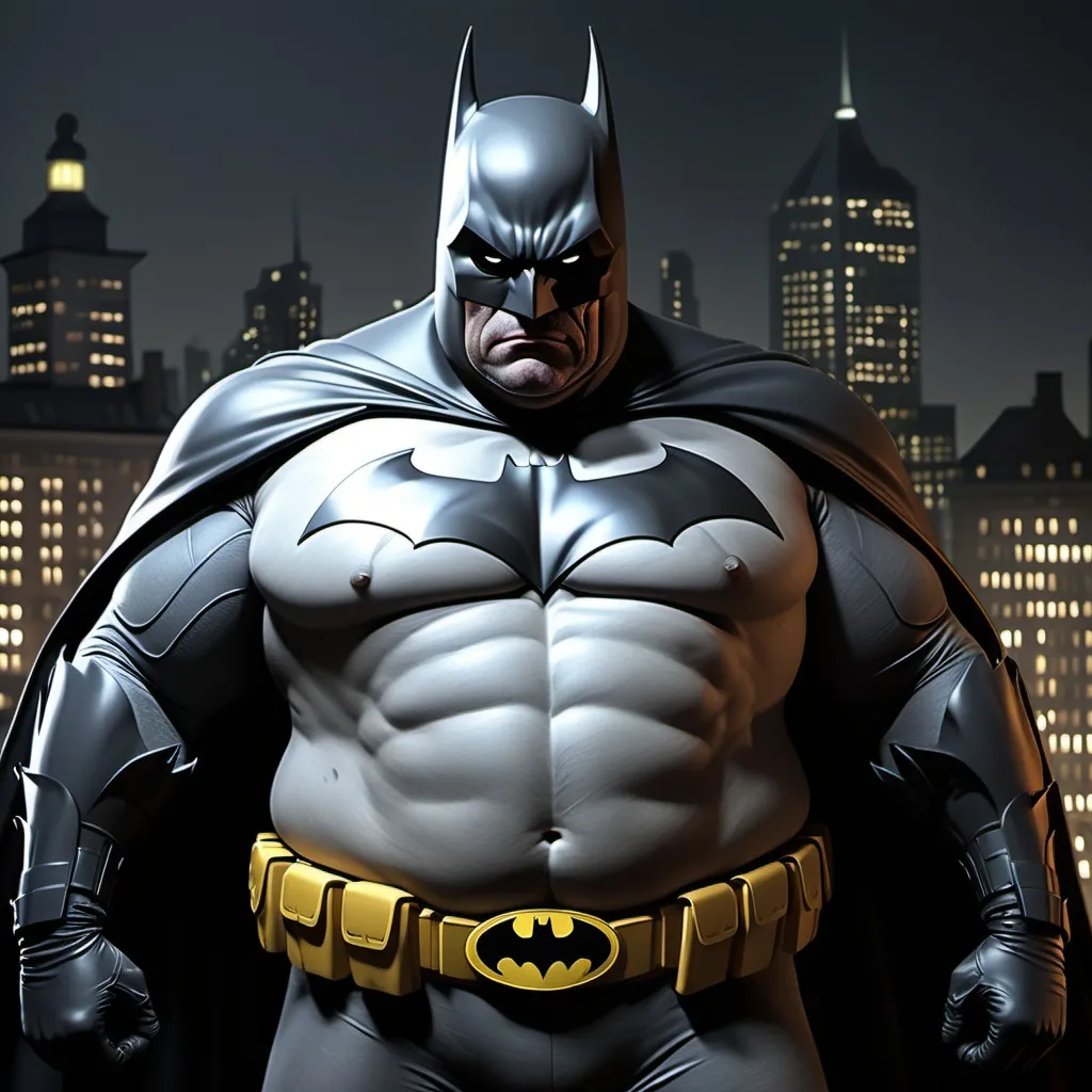 Prompt: (overweight middle-aged Batman), unconventional superhero depiction, (humorous twist), dark and moody atmosphere, cleverly detailed costume design with a bulging belly, urban Gotham City backdrop, grim yet comical ambiance, dynamic pose to enhance relatability, dimly lit with dramatic shadows, (ultra-detailed), (4K), captivating blend of comic book style and photorealism.