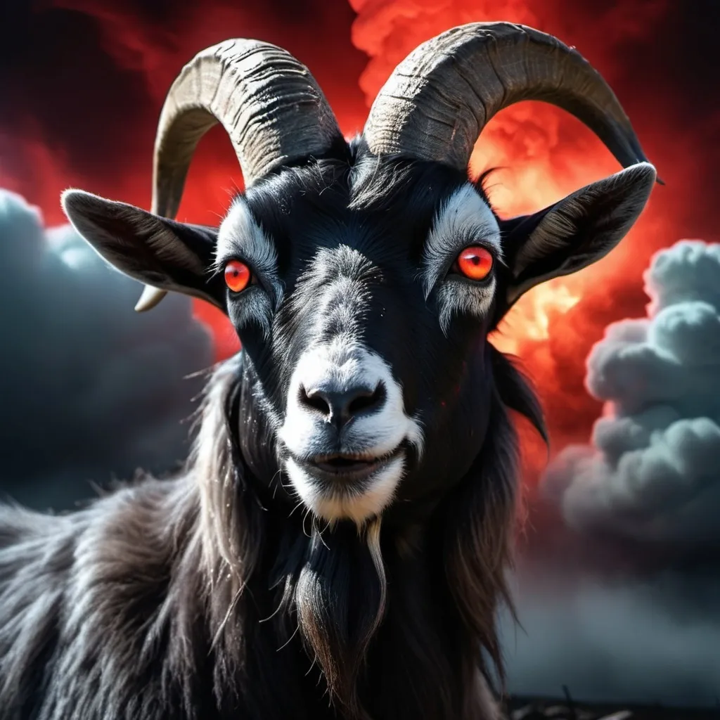 Prompt: Close-up of (black goat's head) with glowing (red eyes), detailed textures, menacing expression, (nuclear mushroom cloud) looming in the background, (dramatic lighting) casting eerie shadows, intense colors, (high depth HD), foreboding ambiance evoking chaos and destruction, contrasting clarity between the goat and the swirling cloud, capturing a moment frozen in time.