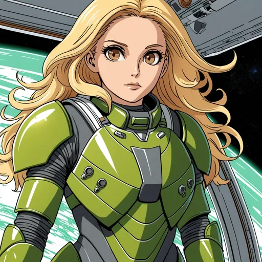 Prompt: Giant woman blonde hair brown eyes wearing green body armour aboard spacecraft 