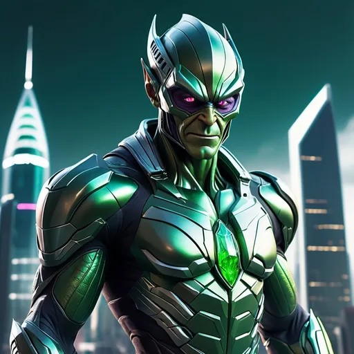 Prompt: (Green Goblin in futuristic body armour), sleek and intricate design, vibrant emerald and silver colors, dramatic lighting emphasizing the armor's contours, high-tech gadgets integrated into the suit, intense and mischievous expression, detailed features, futuristic cityscape in the background, cool tone atmosphere, ultra-detailed, 4K quality, cinematic masterpiece.