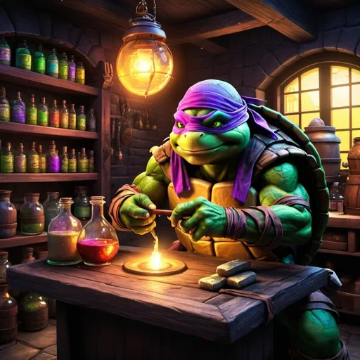 Prompt: Teenage Mutant Ninja Turtle wizard, potion store, fantasy, detailed, vibrant colors, magical, whimsical, 4k, high quality, wizardry, potion brewing, fantasy style, vibrant colors, detailed textures, mystical lighting