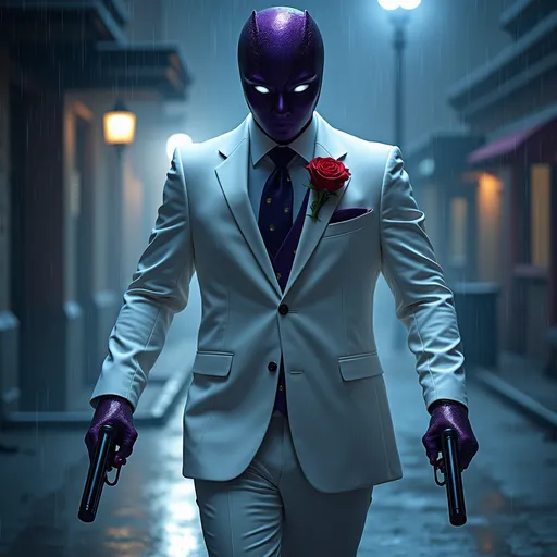 Prompt: Envision a striking figure, a man clad in an immaculate white suit that glimmers under ethereal moonlight. His face is obscured by a deep purple mask, the only visible feature being his piercing white eyes, which exude an enigmatic charm. A single vibrant red rose peeks from his top pocket, contrasting sharply against the stark white fabric, symbolizing both elegance and danger. In each hand, he confidently holds gleaming pistols; they reflect the shimmering glow of the surrounding urban nightscape. Mist curls around his polished shoes as soft rain begins to fall, creating a mesmerizing dance of droplets around him, heightening the sense of intrigue and suspense. Suggested style: cinematic with dramatic lighting and a touch of neo-noir flair.