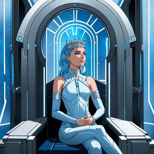 Prompt: Transgender royal woman wearing all light blue looking out window in Sci fi throne room 