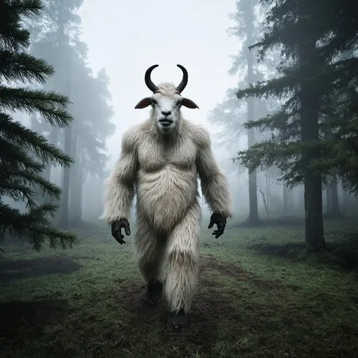 Prompt: Sasquatch with sheep head and horns, white fur, walking in heavy fog in pine forest, high quality, detailed, atmospheric, misty, surreal, cryptid, animalistic, eerie, mystical, cool tones, low-key lighting, foggy atmosphere, pine trees, haunting