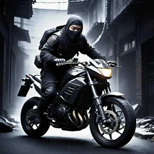 Prompt: Ninja riding black motorbike, holding submachine gun, high-contrast lighting, action-packed scene, gritty urban setting, detailed ninja outfit, intense and focused gaze, high-quality rendering, dark and moody tones, dynamic composition, professional illustration, urban, ninja, action, submachine gun, high contrast, detailed outfit, intense gaze, high-quality, dark tones, dynamic composition, professional, moody lighting