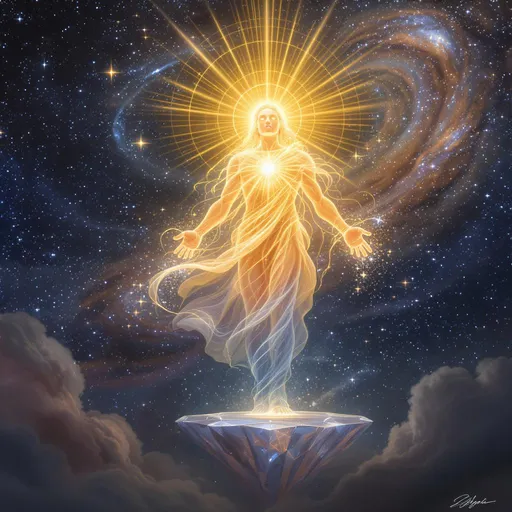Prompt: Envision a radiant super being, towering majestically against a backdrop of swirling cosmic colors—deep indigos and vibrant golds. Their form shimmers with an ethereal light, depicting an otherworldly aura that pulsates with energy. Wisps of starlight cascade from their fingertips, illuminating the surrounding dark space with gentle glows. The being stands atop a floating, crystalline platform, gazing down at a distant, swirling galaxy, expressing a deep sense of contemplation and wisdom. The atmosphere is thick with interstellar dust, and beams of distant starlight pierce through, casting an enchanting glow around them. This scene would be beautifully rendered in cinematic lighting, evoking feelings of wonder and cosmic significance.