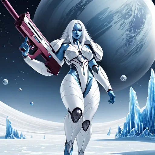 Prompt: Giant woman with silver hair blue skin burgundy eyes wearing white body armour carrying futuristic gun on ice planet 