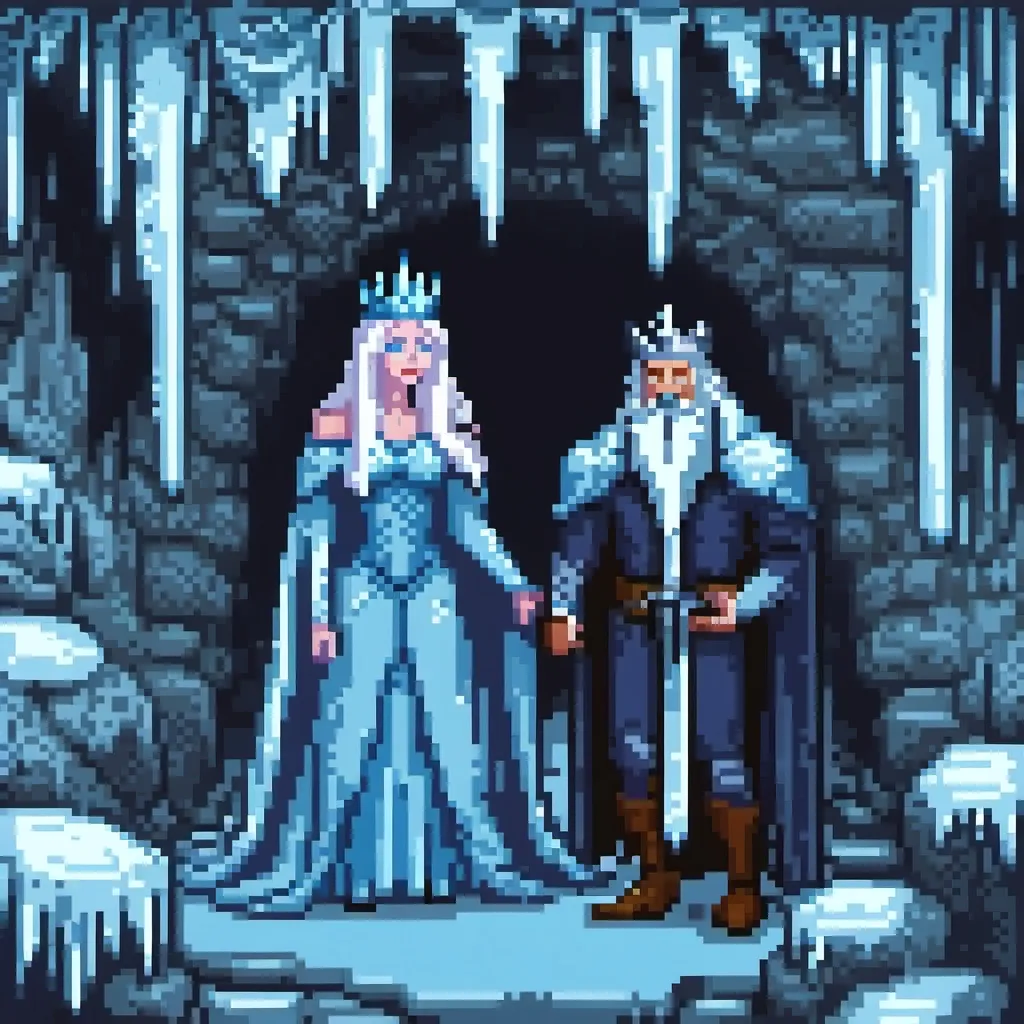 Prompt: (Evil Ice King and Ice Queen inside an Ice Cave), long flowing white hair, long white beard, sinister expressions, icy blue and silver tones, frost-covered walls, glistening icicles, dramatic lighting casting eerie shadows, (cold and foreboding ambiance), fantastical atmosphere, high-quality fantasy scene, ultra-detailed, capturing a sense of power and enchantment.