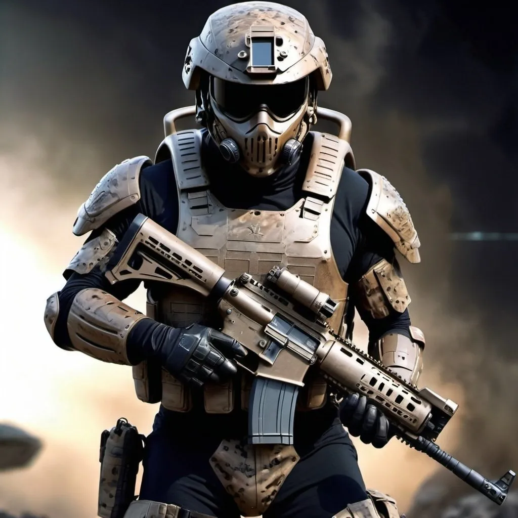 Prompt: USMC from year 3000 in full camouflaged body armor, futuristic rifle, hi-tech combat gear, detailed armor plating, intense and focused gaze, high quality, futuristic, sci-fi, military, futuristic weapon, advanced technology, battle-ready, professional, atmospheric lighting