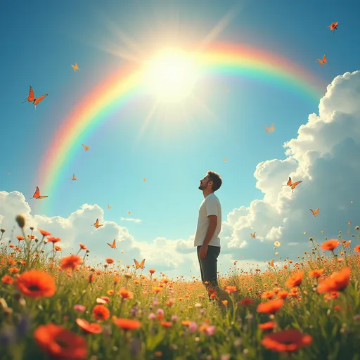 Prompt: In a breathtaking heavenly field, a solitary man stands amidst vibrant wildflowers that sway gently in the soft breeze. The sun shines brightly overhead, casting a warm, golden glow across the landscape, while fluffy white clouds drift lazily in the azure sky. The man, with an expression of awe and wonder etched on his face, gazes upward, his arms slightly outstretched as if to embrace the colorful arc of the rainbow that stretches majestically above him. Rays of sunlight filter through the clouds, enhancing the ethereal quality of the scene, while delicate butterflies flutter around him, completing this serene, dreamlike moment. The overall atmosphere is uplifting and peaceful, evoking a sense of hope and connection to the divine. This image would benefit from a luminous, photorealistic style that captures the beauty of nature and the emotional depth of the moment.