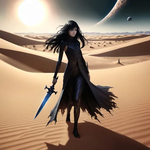 Prompt: (Beautiful young pale flat chested woman), (long wavy black hair), (black eyes), wearing a detailed fremen still suit, (holding a crysknife), (desert planet setting), vast sandy dunes, (dramatic sunlight), a shift of shadows across the scene, creating a tense atmosphere, 4K, highly detailed, (fantasy) realm with an otherworldly ambiance.