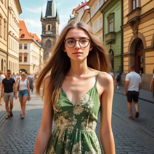 Prompt: (long-haired, skinny 22-year-old transgender girl), (light complexion), (green eyes), (wearing glasses), (green floral summer dress), (ankle cut caramel leather shoes), walking through Prague's charming streets, vibrant historical architecture, soft afternoon light, lively atmosphere, stunning cityscape, warm vibes, (4K), (ultra-detailed).