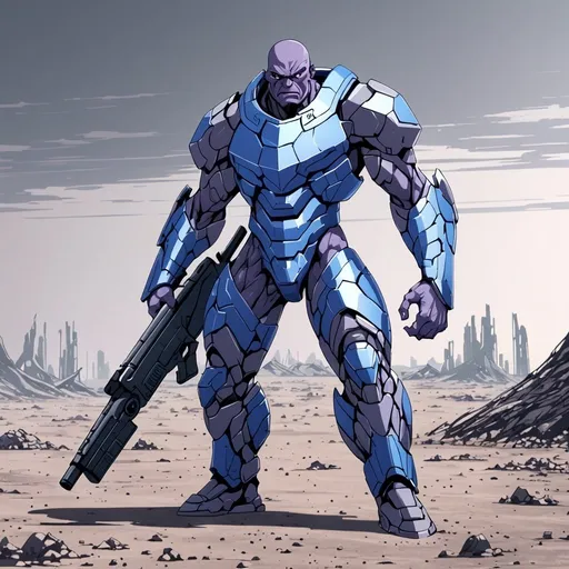 Prompt: Giant man with mauve hair blue eyes grey skin angry face wearing blue body armour carrying futuristic rifle in desolate area 