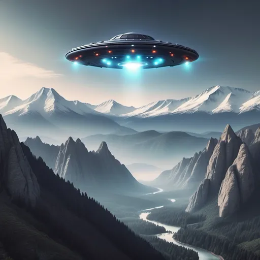 Prompt: UFO flying above mountain range 