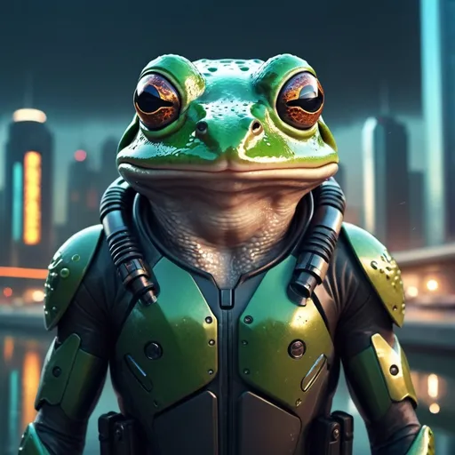 Prompt: Sci-fi illustration of a badass frog bounty hunter, high-tech weapons, futuristic cityscape background, detailed amphibian skin with cool reflections, intense and focused gaze, advanced protective gear, best quality, highres, ultra-detailed, sci-fi, futuristic, detailed skin texture, cool tones, urban setting, badass design, atmospheric lighting