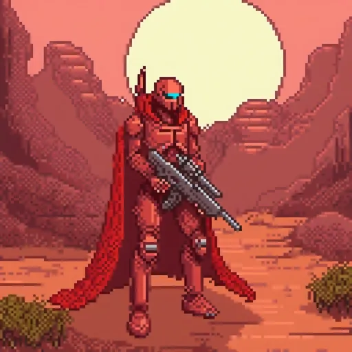 Prompt: Red robot bounty hunter, long brown cape, futuristic sniper rifle, alien planet, detailed metallic design, highres, sci-fi, futuristic, intense gaze, professional, atmospheric lighting, desolate landscape, action-packed, high-tech weaponry
