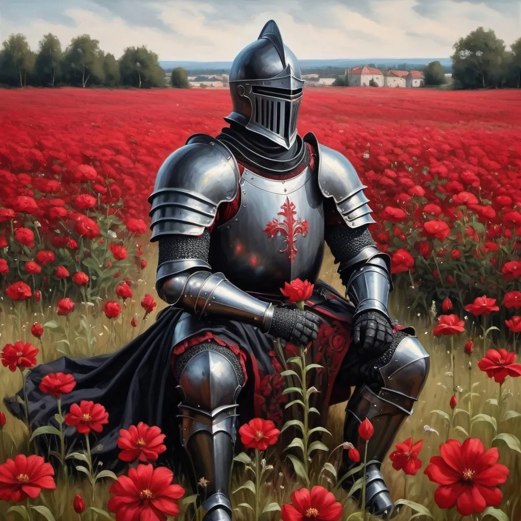 Prompt: Knight in black armor sitting in a field of red flowers, oil painting, detailed armor and flowers, high quality, realistic, medieval, crimson and dark tones, natural lighting