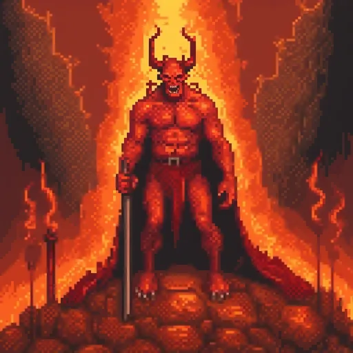 Prompt: Caped devil with pitchfork in hell, oil painting, fiery inferno, dramatic lighting, high contrast, detailed muscles, intense gaze, sinister atmosphere, dark tones, hellish landscape, menacing presence, atmospheric, professional, high quality, oil painting, fiery, dramatic lighting, intense gaze, sinister, hellish, detailed muscles