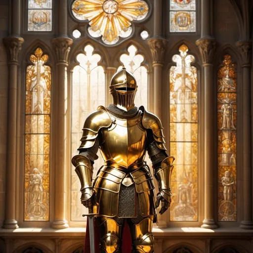 Prompt: Golden Knight in sunlit cathedral, oil painting, intricate stained glass windows, warm sunlight streaming in, detailed armor with golden reflections, majestic and stoic pose, high quality, realistic, warm tones, medieval, intricate details, sunlight, cathedral, grandeur, noble presence, professional lighting