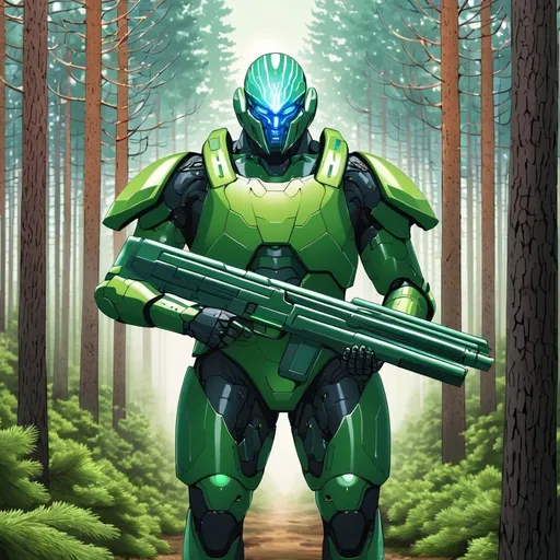 Prompt: Giant man showing face green hair blue eyes wearing light green body armour carrying futuristic shotgun pine forest 
