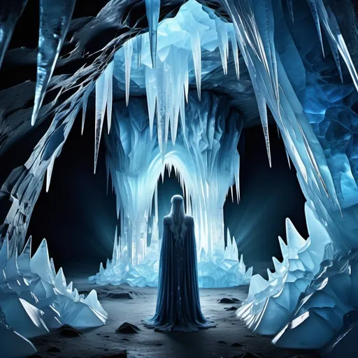 Prompt: (Evil Ice King and Evil Ice Queen), inside a mystical (ice cave), luminous blue and silver hues, dramatic icy formations, shimmering crystal textures, moody and chilling atmosphere, sinister expressions, atmospheric haunting glow, sharp icicles and frosted walls, captivating details, stunningly high quality, (4K), ultra-detailed, magical yet ominous backdrop, spectral ice light reflecting off surfaces.