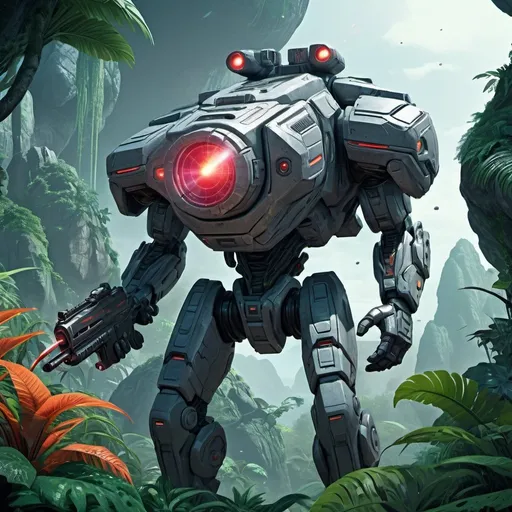 Prompt: Gigantic grey rock mercenary carrying heavy laser gun, lush jungle planet, massive boulders and exotic flora, high-tech futuristic 3D rendering, dense foliage with vibrant colors, intense and dramatic lighting, highres, ultra-detailed, sci-fi, futuristic, alien jungle, massive rock body, heavy weapons, lush environment, dramatic atmosphere