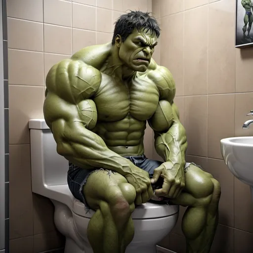 Prompt: The Incredible Hulk sitting on a toilet, muscular physique, intense facial expression, bathroom setting, realistic 3D rendering, green skin, detailed muscles, strained posture, gritty realism, dramatic lighting, high quality, realistic, muscular, detailed, intense, dramatic lighting, bathroom setting, 3D rendering, realistic style