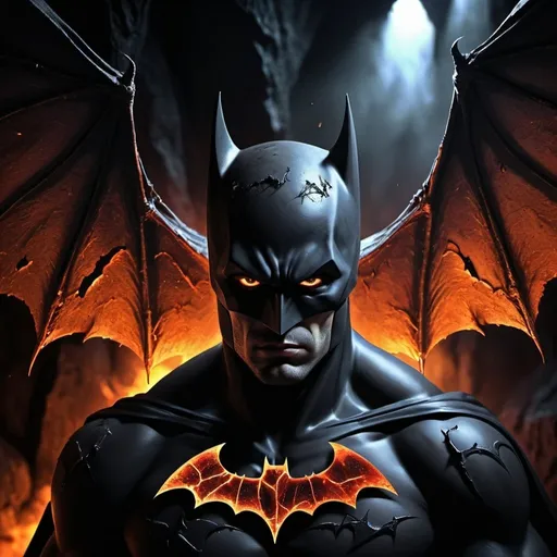 Prompt: Half Batman half Demon in a dark cave, digital art, fiery eyes, rugged wings, detailed cape with tattered edges, intense and mysterious expression, high quality, dark and dramatic, gothic, fiery glow, dynamic lighting, demon, bat, cave, digital art, fiery eyes, detailed wings, high quality, gothic, dramatic lighting