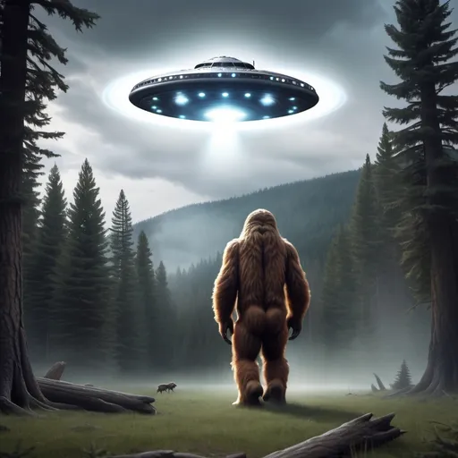 Prompt: UFO hovering above sasquatch.