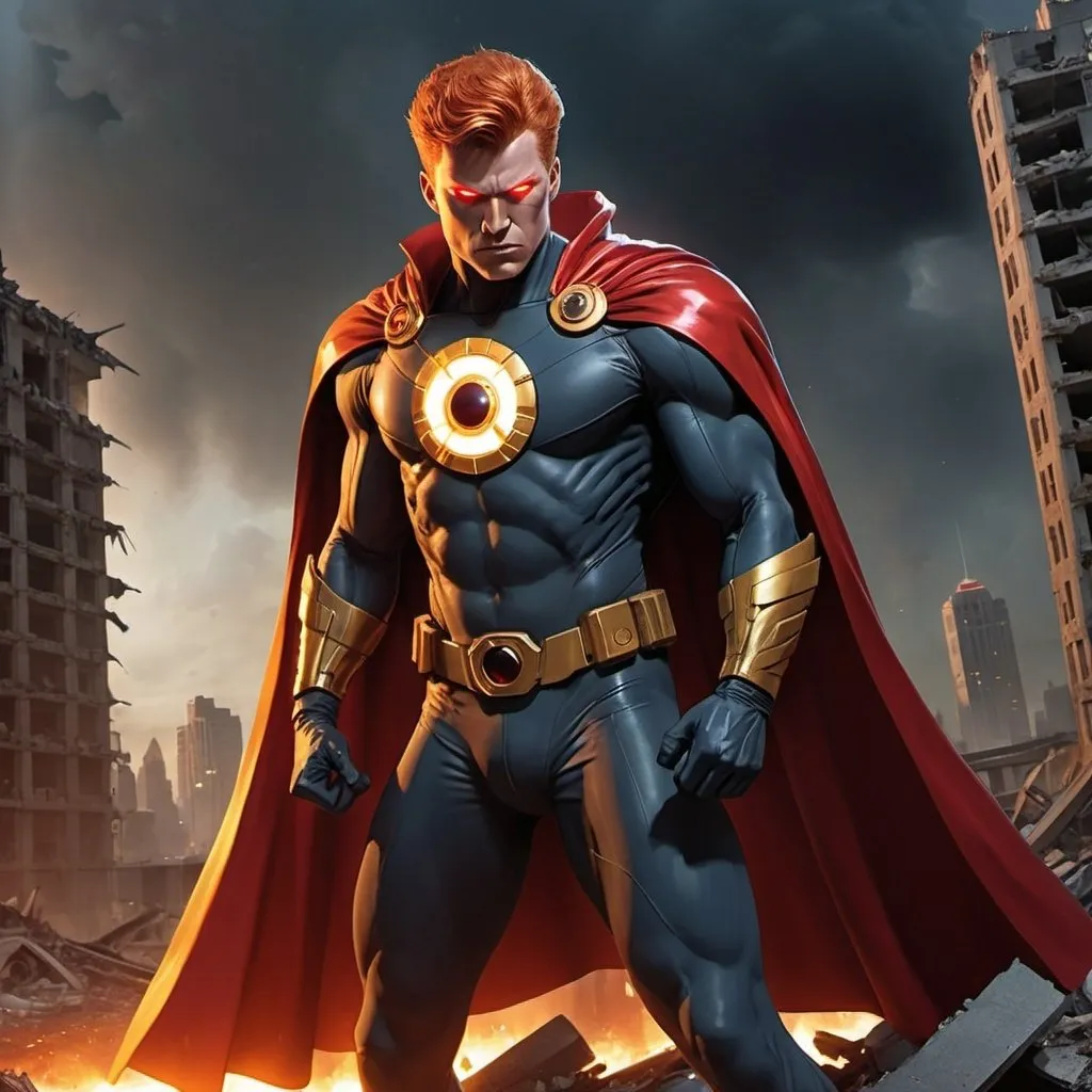 Prompt: Hyperion from Squadron Supreme with glowing red hair and eyes, flowing cape pulsating with radioactive power, standing in a destroyed city, highres, ultra-detailed, superhero, glowing red hair, glowing red eyes, pulsating cape, destroyed city, radioactive power, intense atmosphere