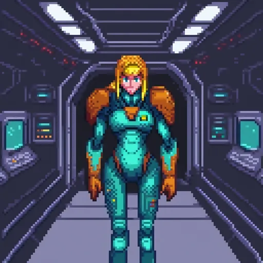 Prompt: (Samus face), wearing a dark blue jumpsuit, aboard a high-tech spacecraft, (futuristic atmosphere), illuminated by cool, ambient lighting, sleek metal interiors, detailed control panels, vibrant colors reflecting off surfaces, (intense expression), sci-fi elements, ultra-detailed, HD quality, dynamic and immersive composition, capturing the essence of adventure and exploration.