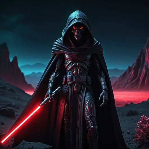 Prompt: (Alien Sith Lord), glowing red eyes, black hood and cape, holding red lightsaber, hostile alien planet, dramatic lighting, vibrant colors, dark and eerie atmosphere, otherworldly landscapes, surreal alien flora, intense shadows, ultra-detailed scene, cinematic quality, sci-fi theme, enchanting yet menacing vibes, high-resolution 4K.