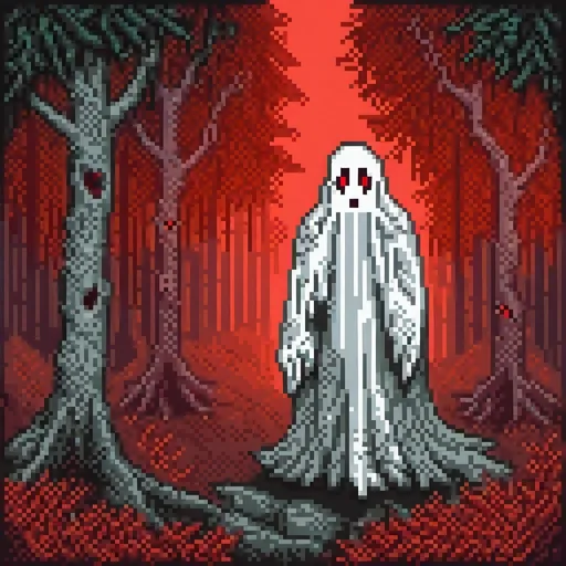 Prompt: White ghost with red eyes in spooky forest, oil painting, eerie atmosphere, high quality, horror, spooky, ghostly, dark and mysterious, misty surroundings, detailed and haunting eyes, eerie glow, chilling, atmospheric lighting