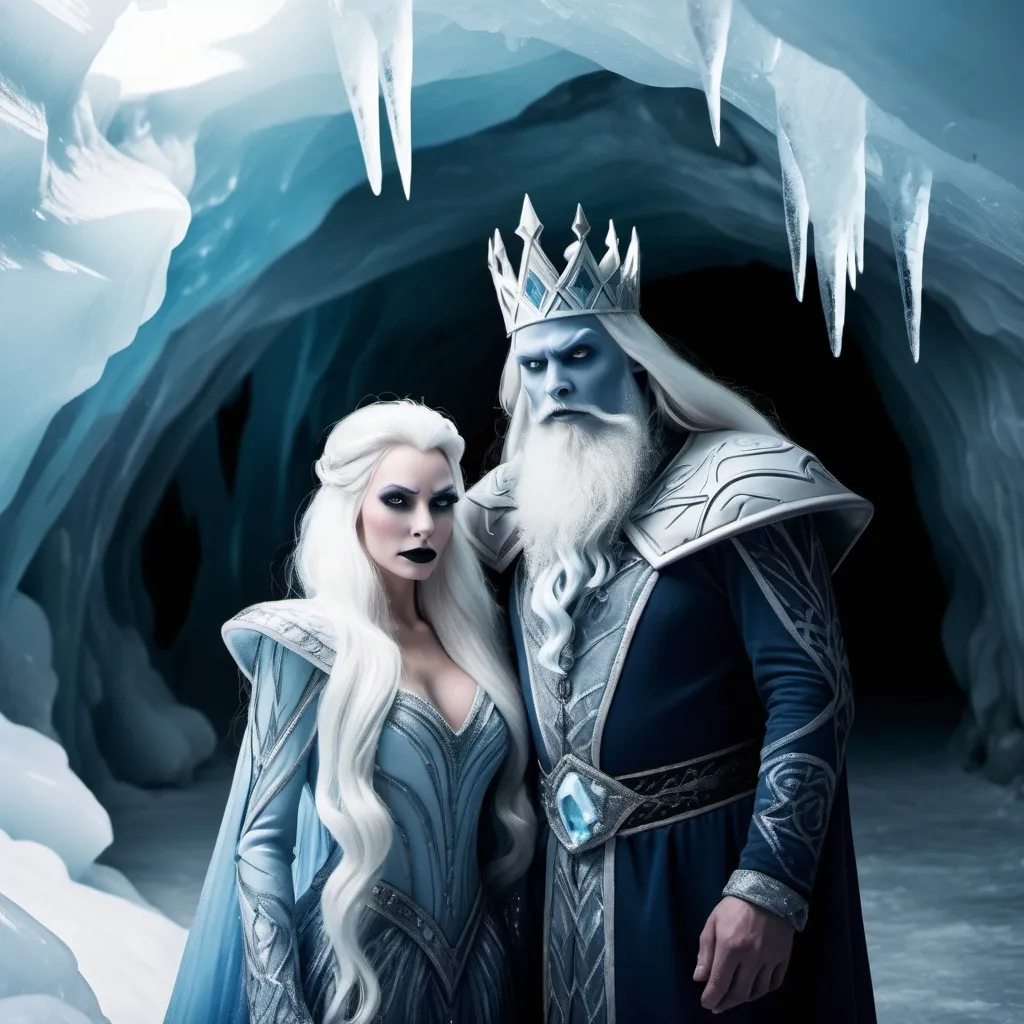 Prompt: Evil Ice King with long white hair and beard with evil Ice Queen inside Ice cave