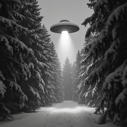Prompt: A haunting black and white image captures a mysterious UFO hovering silently above a dense pine forest, where the heavy snow falls like ethereal confetti. The twisted silhouettes of snow-laden pine trees reach upward, their branches heavy and burdened under the weight of the blizzard. Flurries dance in the air, painted with soft tones of gray and white as they swirl around the otherworldly craft, which emits a faint, pulsating luminescence contrasting sharply against the starkness of the night sky. Wisps of fog coil around the trunks, creating an eerie ambiance, while the fine details of the snowflakes casting shadows on the ground add tension and depth. The scene, reminiscent of cinematic black and white photography, evokes a mix of wonder and trepidation, capturing the uncanny juxtaposition of nature and the unknown.