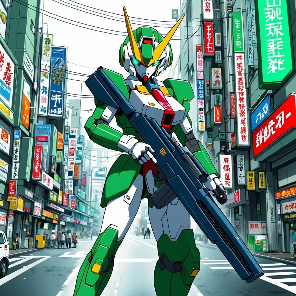 Prompt: Green hair girl wearing Gundam suit and helmet carrying futuristic rifle in futuristic Tokyo 