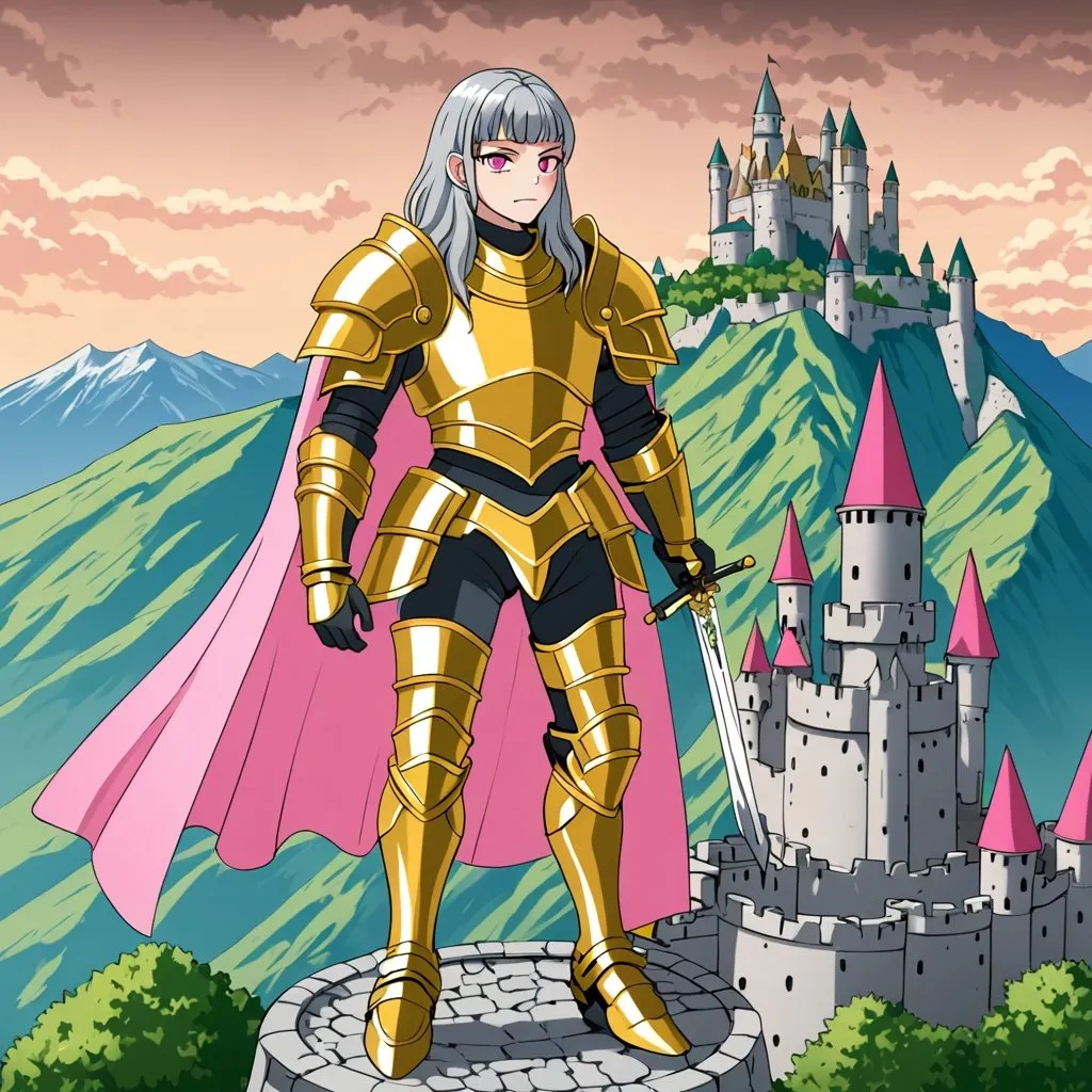 Prompt: Transgender giant grey hair pink eyes golden cape applegreen body armour sword kept on hip looking at mountains from castle turret 