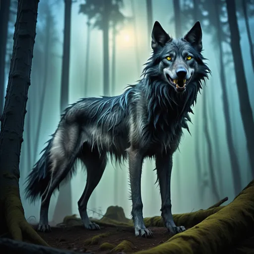 Prompt: (lanky wolfdog), (abnormally tall), jet-black matted fur, fierce yellow eyes, sharp fangs, standing majestically in a twilight forest, dense trees surrounding, ethereal mist swirling around its legs, trees cast in cool blue and green hues, cinematic lighting creating an eerie atmosphere, ultra-detailed, high-definition rendering, evoking a sense of mystery and intrigue.